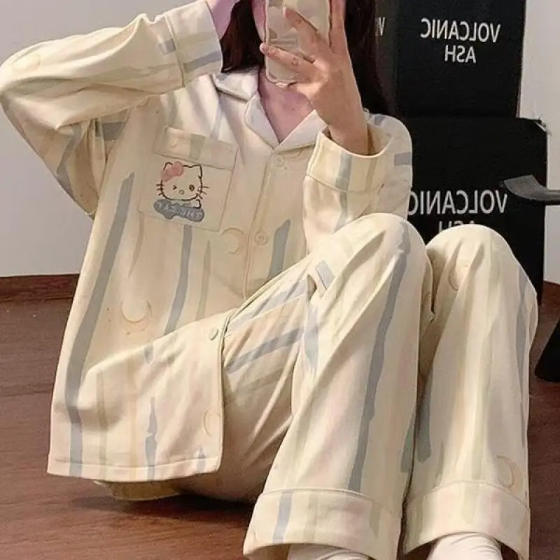 

Sanrio Kuromi Young Girl Stripe Pajamas Kawaii Cartoon Student Winter Keep Warm Long Sleeves Long Pants De Rong Homewear Set New