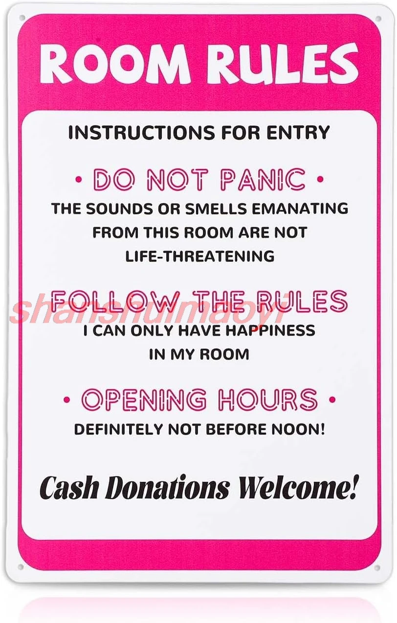 Room Rules Sign for Teen Girls, 12x8in Funny Pink Bedroom Decor Cute Gaming Room Door Decor Metal Tin Signs for Teen girls  sign