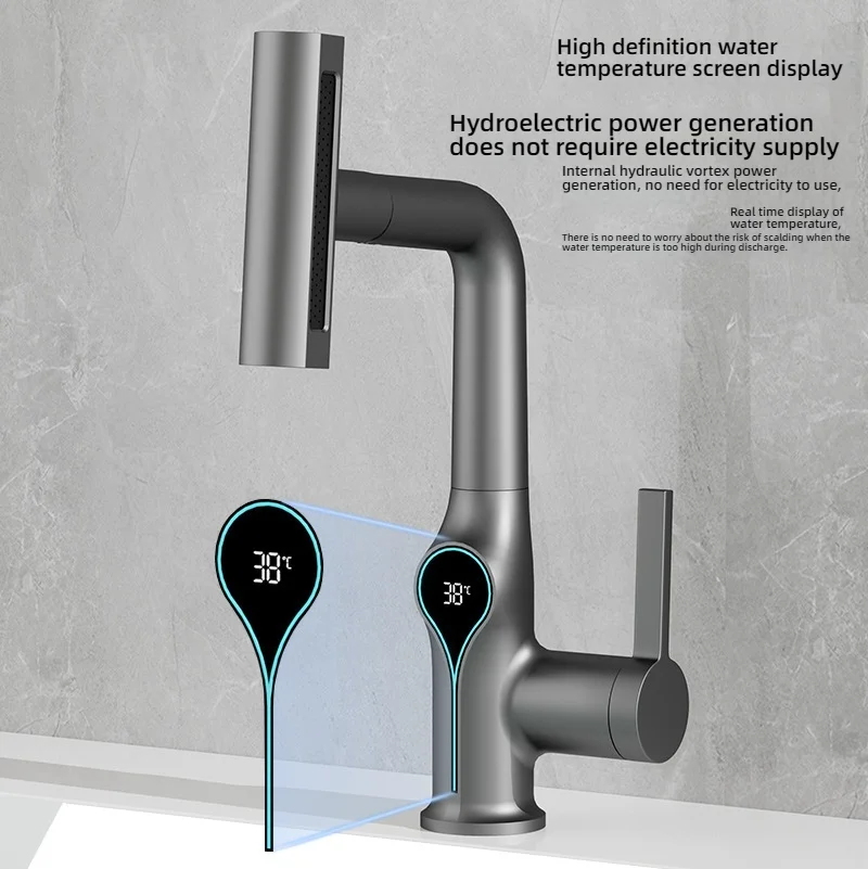 

Новый смеситель для раковины с цифровым дисплеем температуры, выдвижной подъемный смеситель для ванной комнаты, 4 режима, смеситель для раковины с горячей и холодной водой, смеситель для мытья