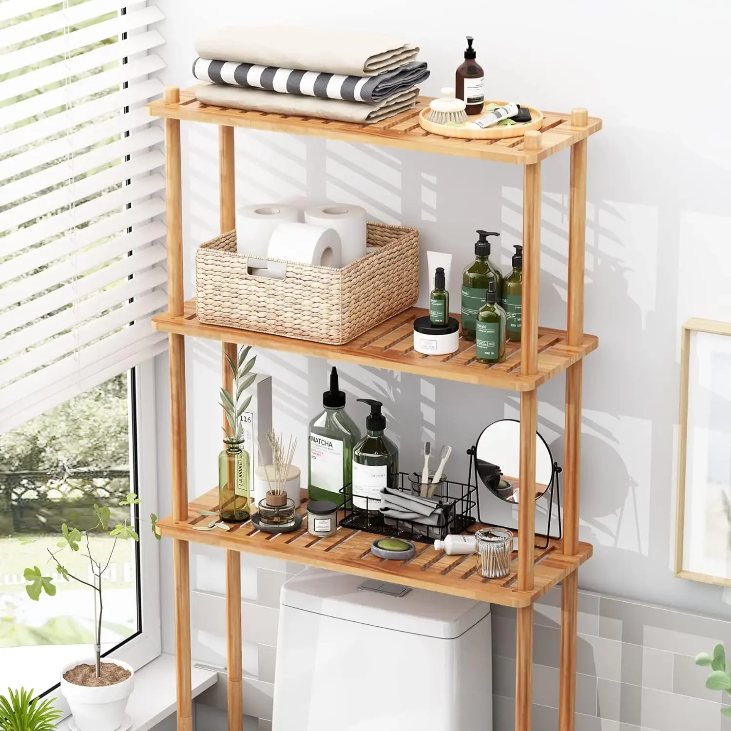 

Over The Toilet Storage Shelf Bamboo,3-Tier Over Rack,Freestanding Above Toilet Shelf for Bathroom, Laundry,Space Saver Natural