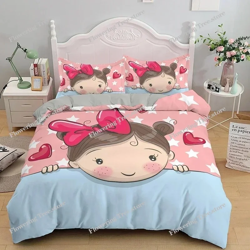 Cartoon Lovely Girls King Queen Duvet Cover Cute Little Girl Pattern Bedding Set Kids Pink Pretty  Polyester Quilt Cover