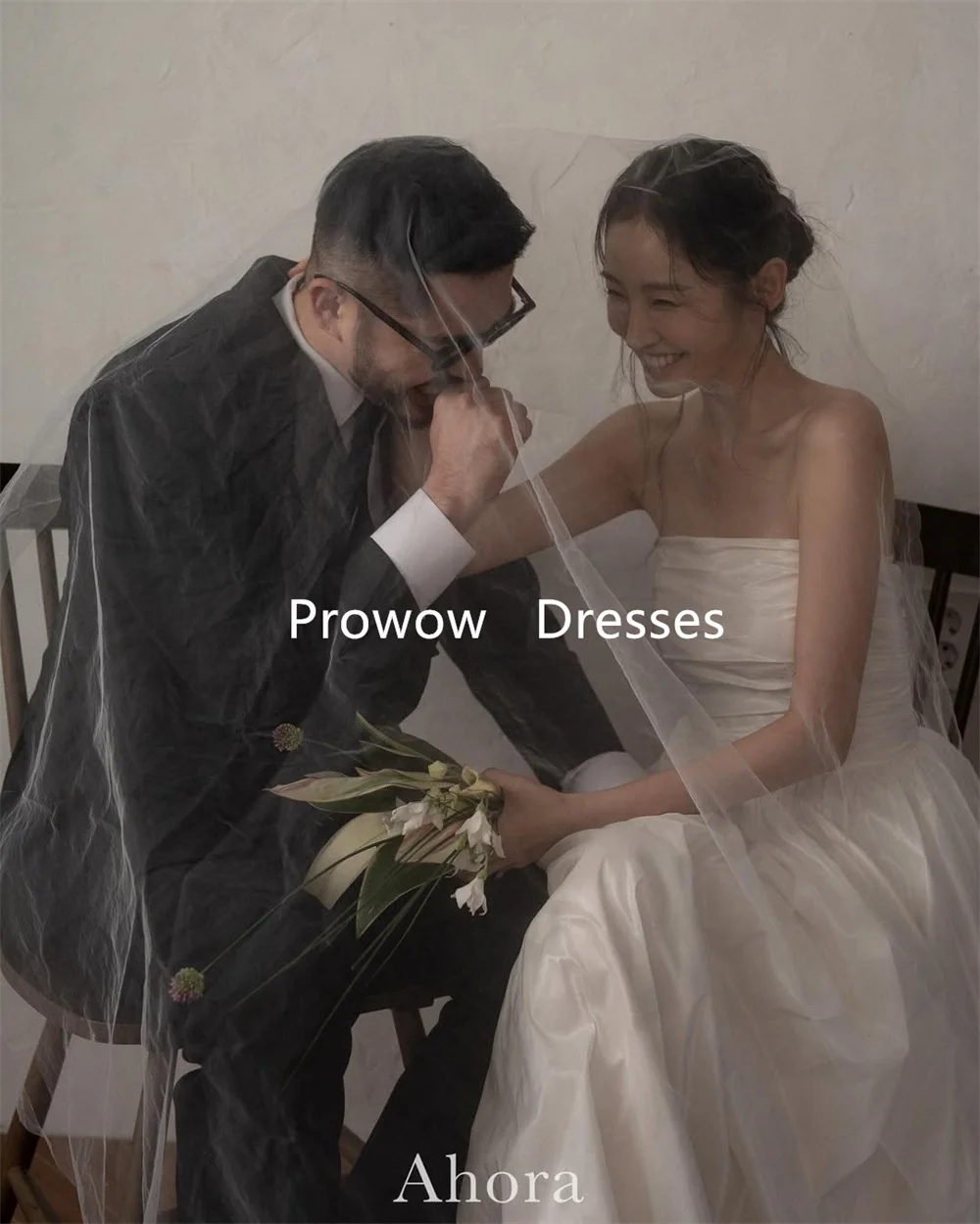 Prowow 심플 A 라인 태피터 한국 웨딩 드레스, 맞춤형 사진 촬영, 스트랩리스 코르셋, 뒷면 바닥 길이, 신부 가운, 플러스 사이즈