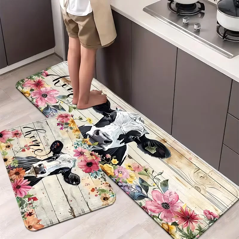 Küchenteppich mit Milchkuh-Blumenmuster, rutschfeste, waschbare Matten aus Polyester, stehende Läufer für Waschbecken und Wäsche, Dekoration mit Frühlingsmotiv