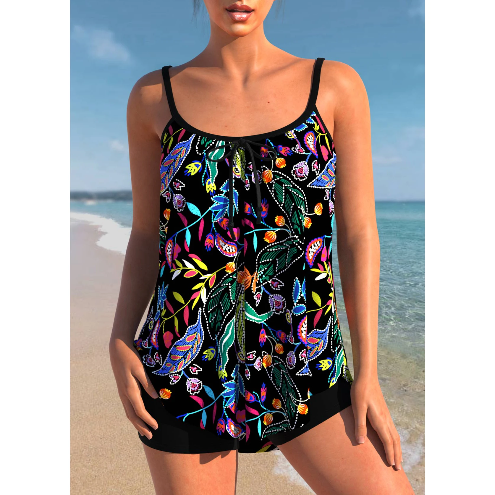 Damski zestaw tankini na letnie wakacje - kostium kąpielowy z wysokim stanem i okrągłym dekoltem z losowym nadrukiem, dzianina, 2-częściowe tropikalne bikini