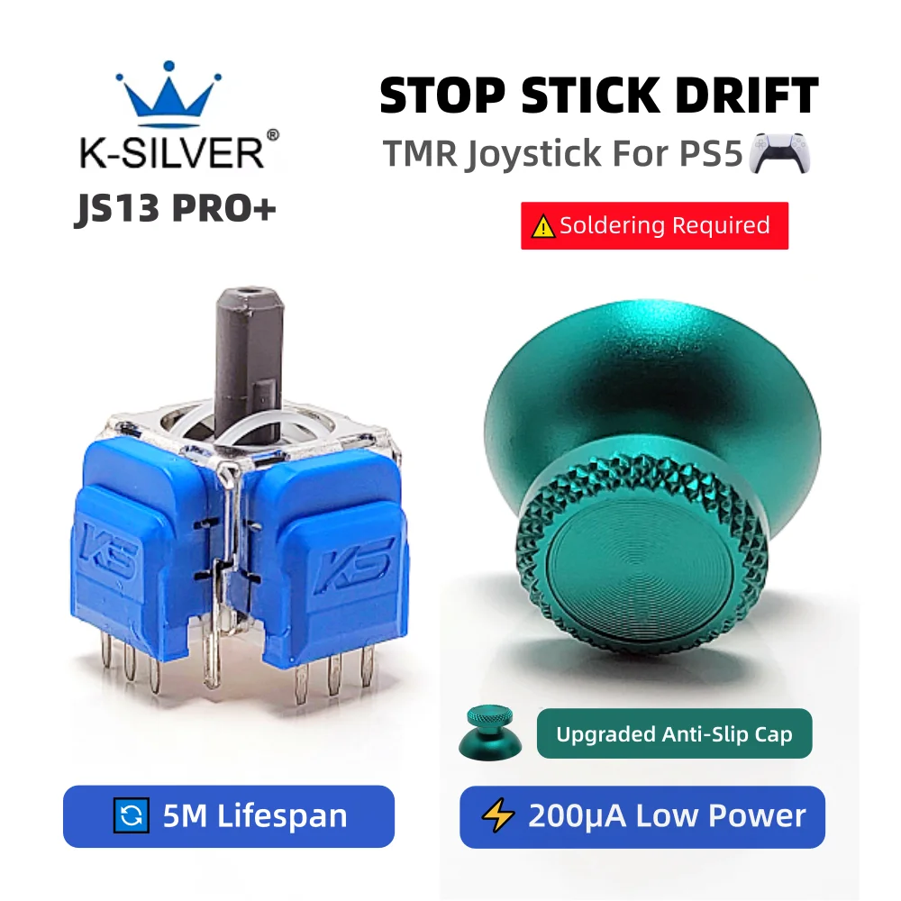 K-SILVER JS13 PRO+ TMR Hall Effect Joystick for PS5 Controller Anti-Drift Analog Stick Replacement and Stick Cap Repair Parts