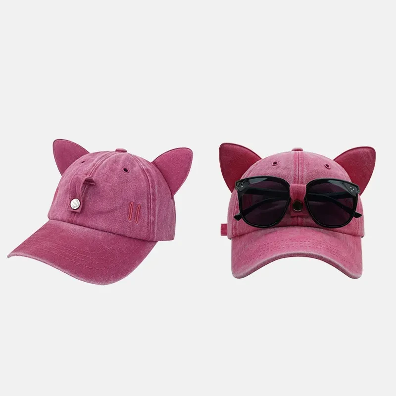 New Cute Cat Ears Pilot Hat With Glasses Baseball Cap Water Washed Baseball Cap Adjustable Outdoor Sunshade Sun Hats Unisex Gift