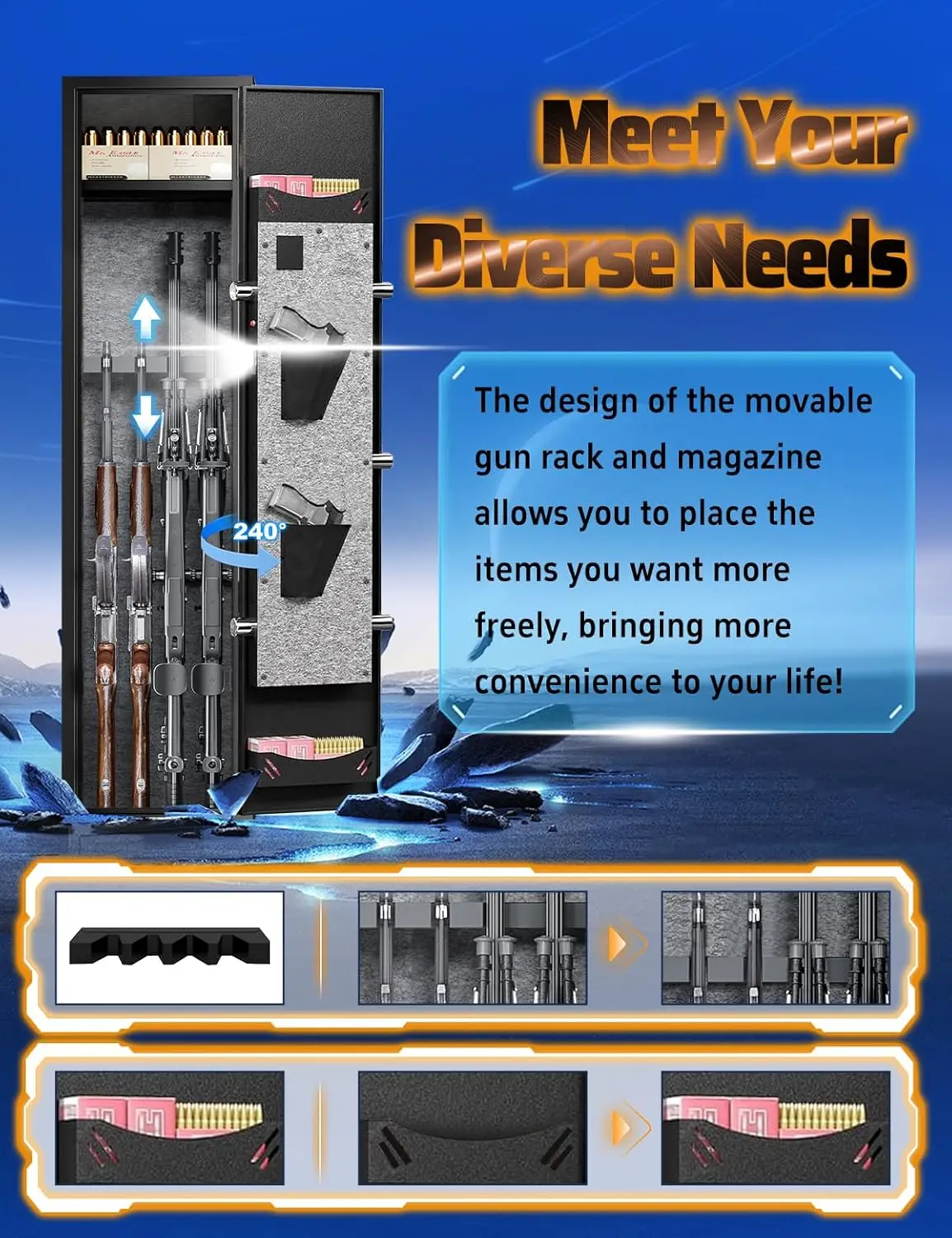 2-4 Gun Safe for Rifles & Pistols, Quick Access Electronic Locking Gun Cabinet with 240° Wide-Access Door, Removable Gun Rack &