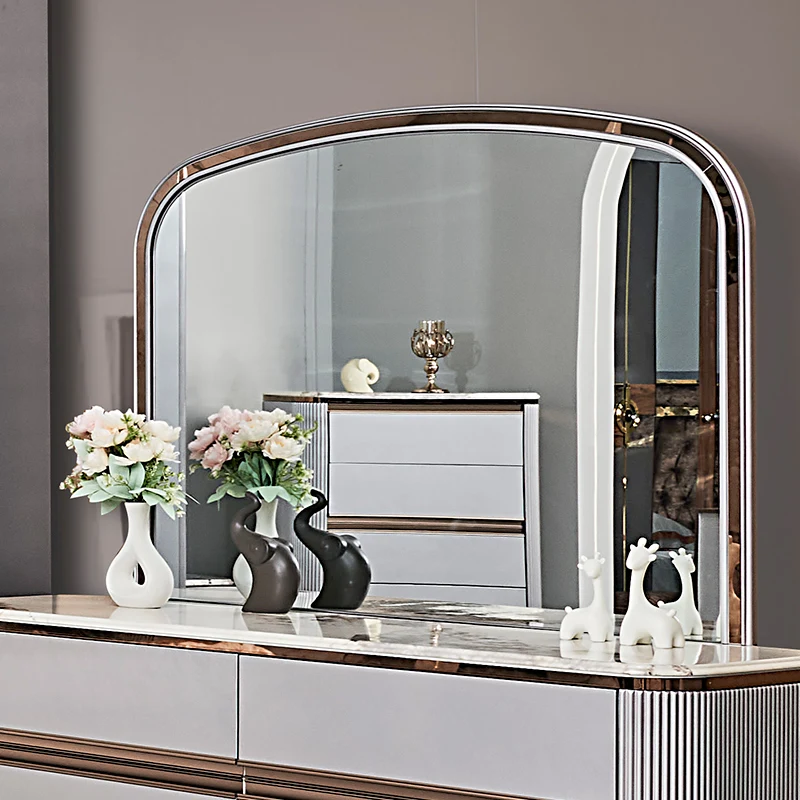 &Simple Modern White 6 Drawers Dresser Cabinet Makeup Vanity Desk Bedroom Furniture Wooden Luxury LED Dressing Table with Mirror