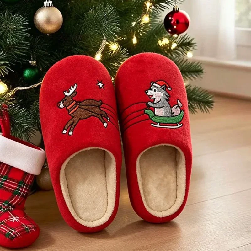 Christmas Cute Dog Embroidery Home Warm Slippers Winter Red Plush Flat Heels Indoor Shoes Couple Short Plush Non-Slip Slides 45