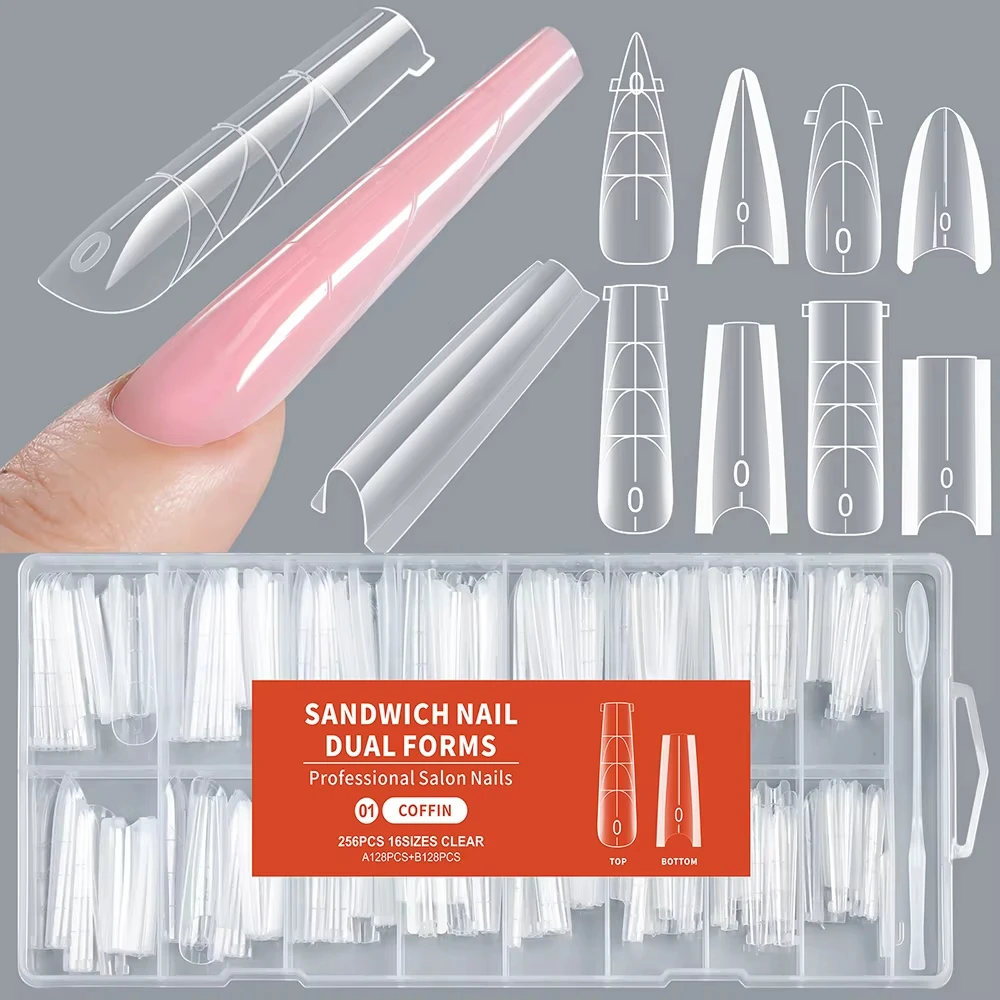256pcs Sandwich Crystal Powder Extension Nail Mode 16size Extra Long Coffin Stilettos Almond Square Nail Rapid Extension Tools *