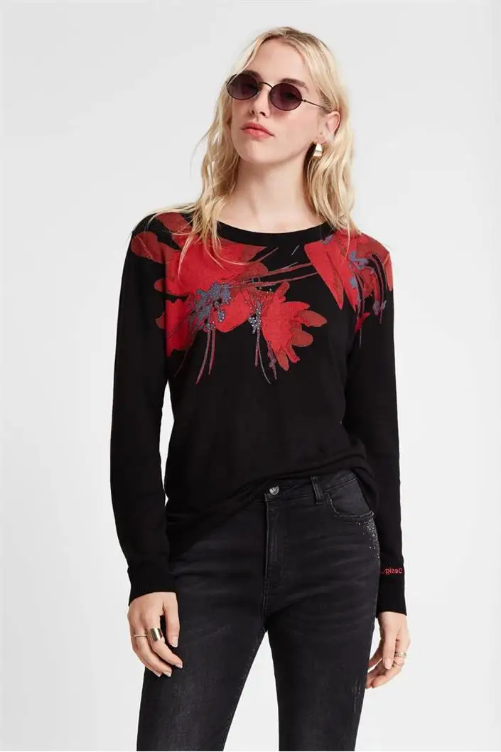 

Floral Print round Ne Glitter Diamond Embellied Viscose Knitted Sweater Long Sve Autumn Faion Women's ort Coat