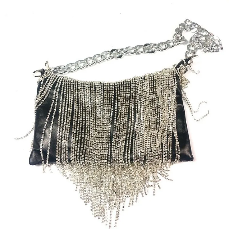 Stylish Handmade With Diamond Beard Moon-shaped Necklace Leather Women's Bag Heavy Metal Shoulder Bag Women's Rhinestone Handbag