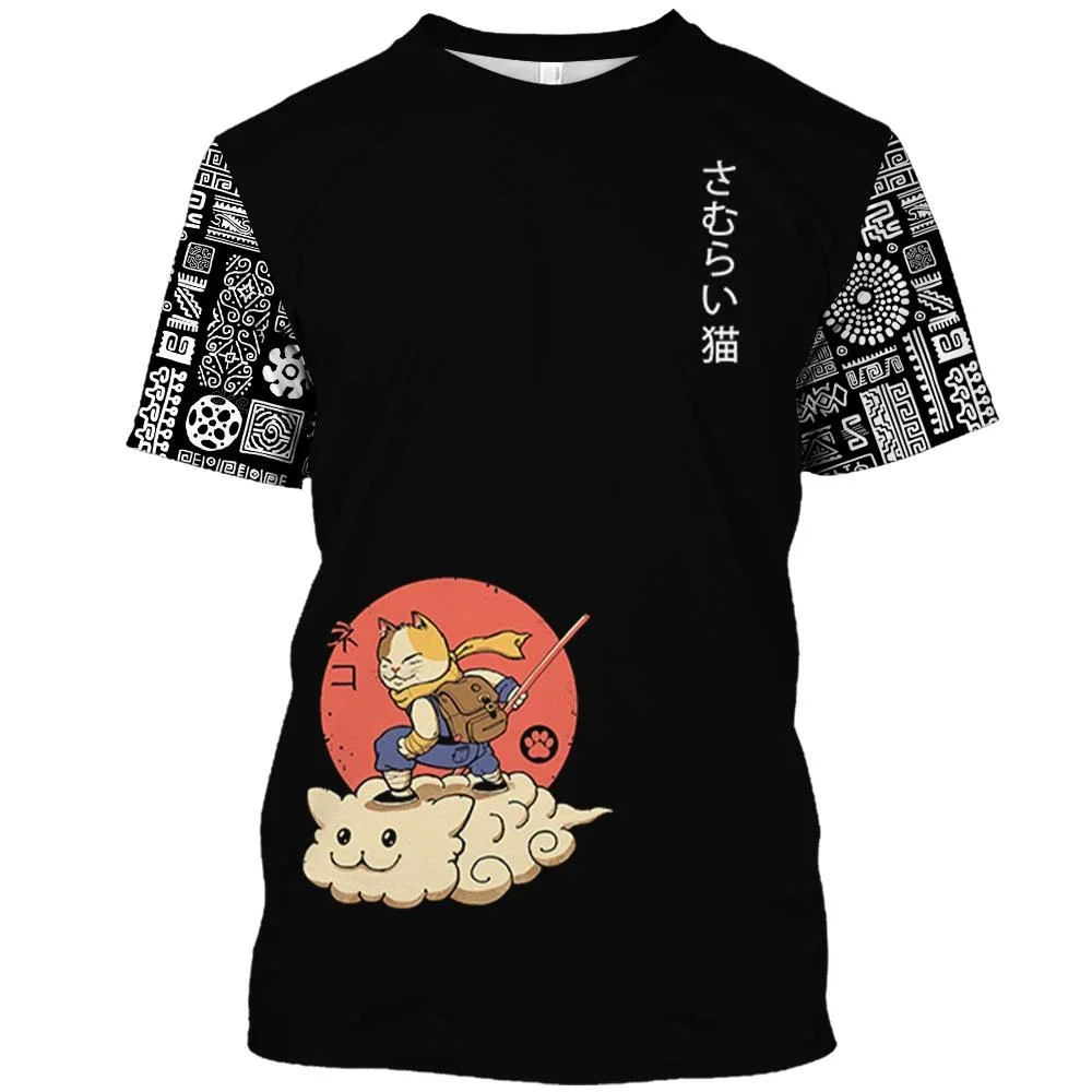 

Men's Black Samurai Cat Element Pattern Short Sleeve Men's Fashion Trend Casual Comfort Short Sleeve Men's Sport Short Sleeve