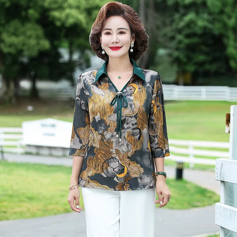 Office Lady Plant Printed Loose Blouse Casual 3/4 Sleeve Spring Summer Turn-down Collar Female Clothing Fashion Drawstring Shirt