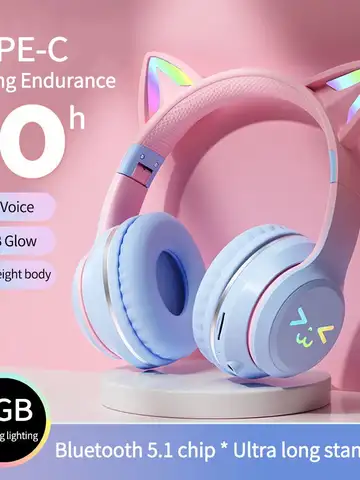 Gradient wireless Headphones RGB cute cat ear Bluetooth Earphones with microphone Stereo Music Game Earphone Girls Kids Gifts