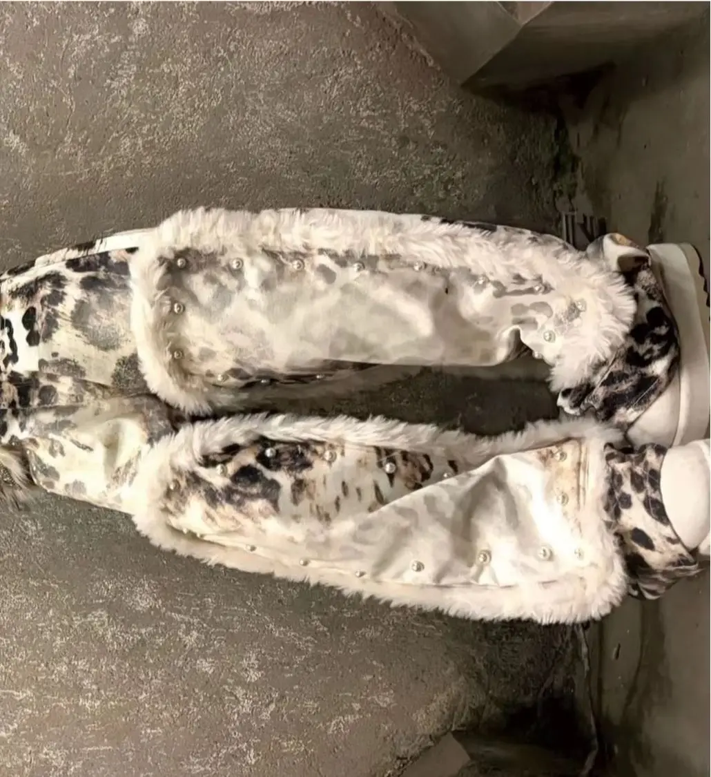 American retro jeans hot girl patchwork print leopard print street trousers personalized trendy wear loose floor-length jeans