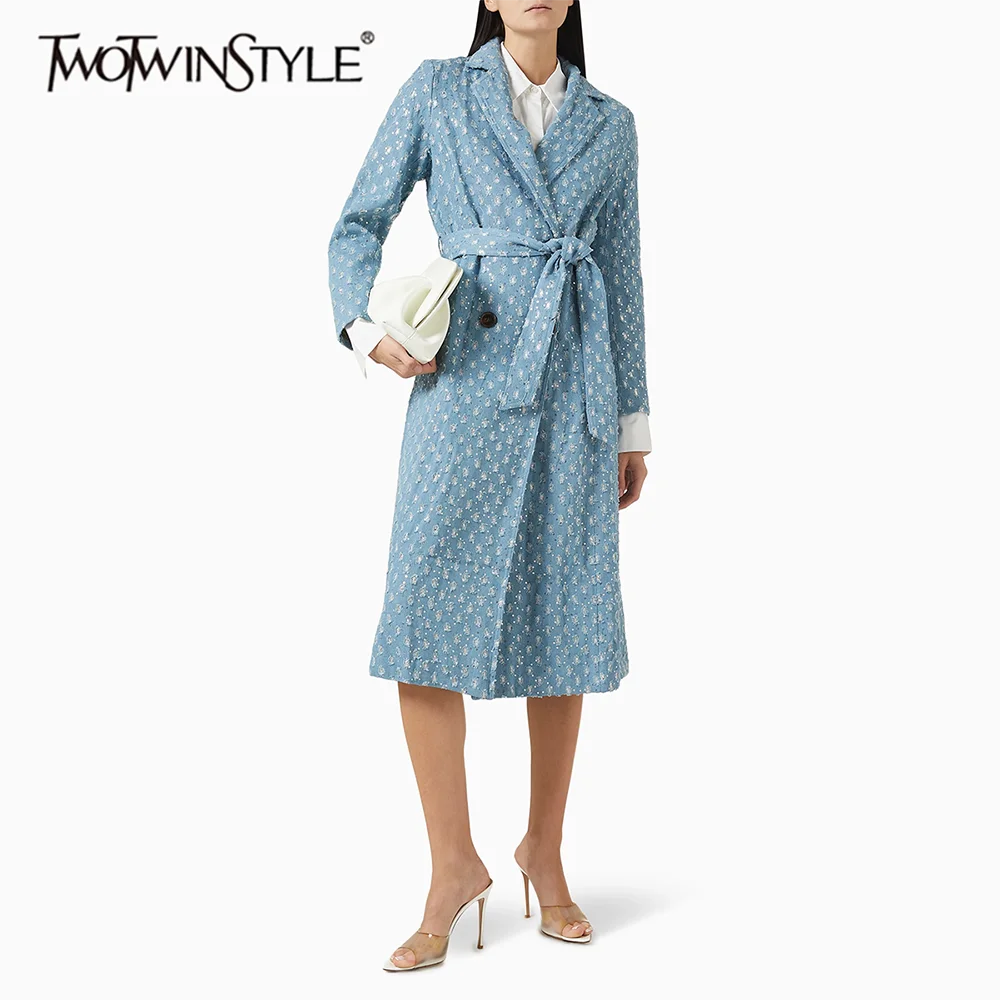 TWOTWINSTYLE Fashion Spliced Sequins Cowboy Trenchs for Women Lapel Long Sleeves Patchwork Distressed Design Trench Female New