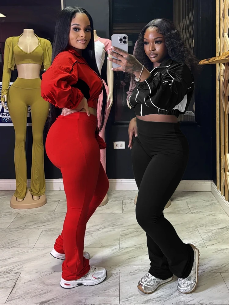 2025 trendige Damen-Kleidung, kontrastfarbener Trainingsanzug, Reißverschluss, bauchfreie Jacke und Schlaghose mit hoher Taille, Anzug, Sport, Fitnessstudio, 2-teiliges Set