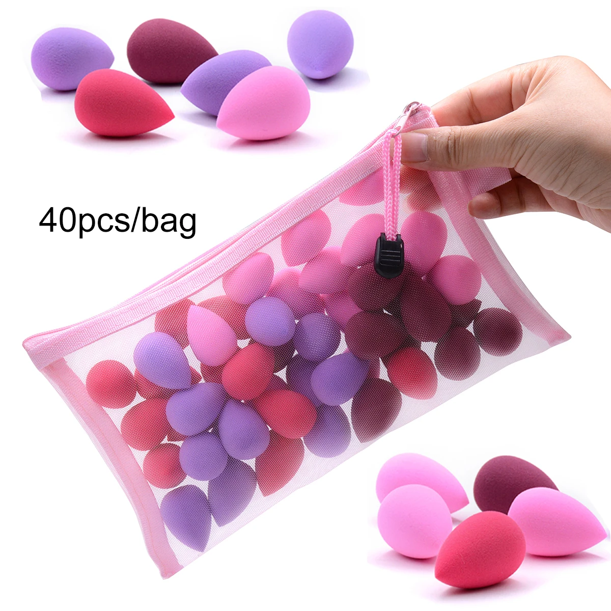 コスメティックバッグ付きミニメイクアップスポンジ,美容卵,フェイシャルメイクアップツール,まとめ買い,オーガナイザー,卸売,美容キット,40個