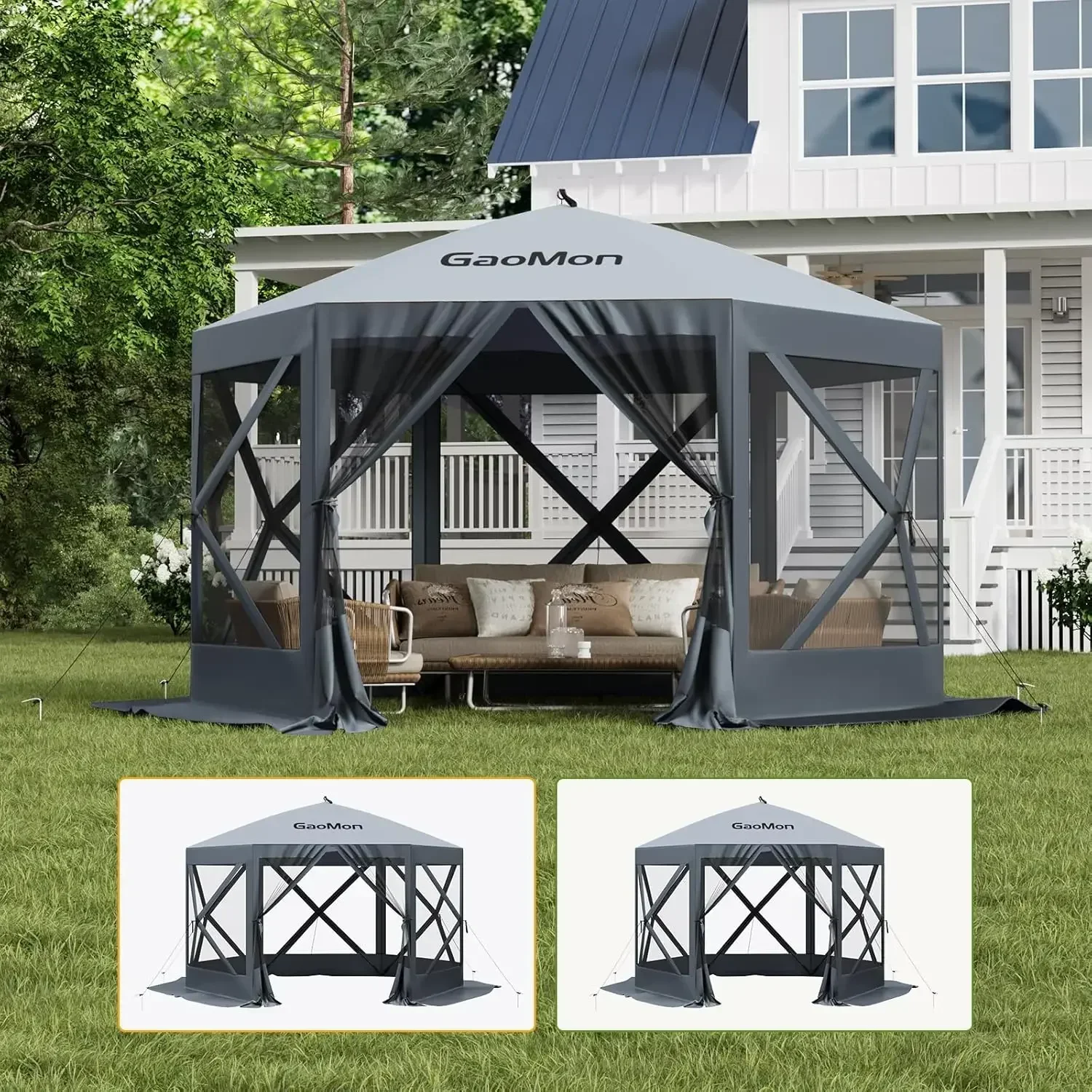 10x10ft Camping Gazebo, Portable Pop Up Canopy Outdoor Screen Tent 6 Sided with Mesh Windows and Carry Bag