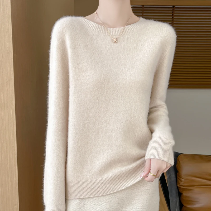 100% Wool Fashion Solid O-neck Sweater Women High Street 2024 Autumn Winter Casual Knitted Long Sleeve Female Tops Warm Pullover