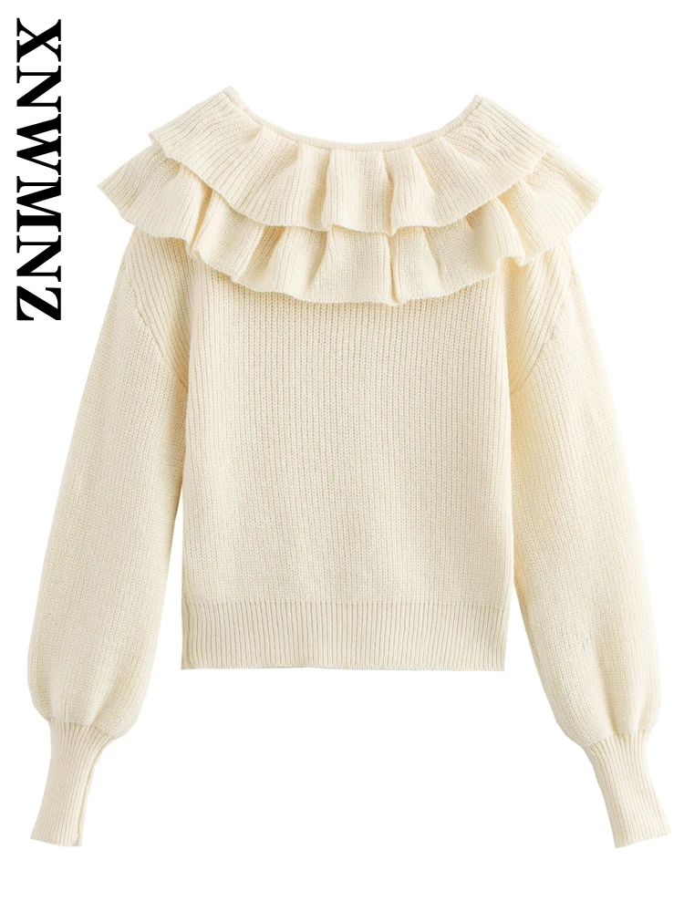 XNWMNZ 2024 Autumn Woman's Commuting O-Collar Knitted Top Jumper Retro Woman Solid Color Long Sleeve Sweater Ruffles Regular Fit