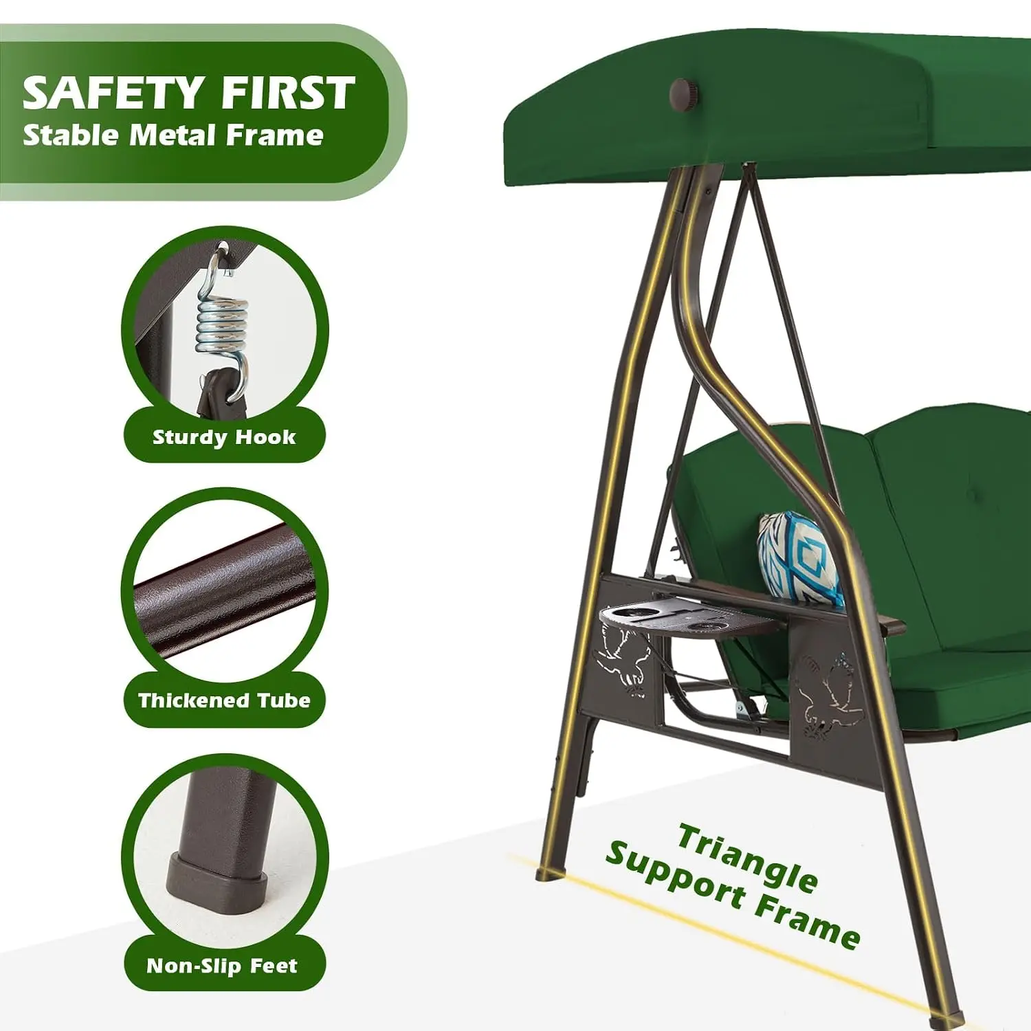 3-Seat Outdoor Porch Swing w/Stand & Canopy 2-in-1 Swing Bed & Chair for Adult Yard w/Pillows & Cup Holder, Customized
