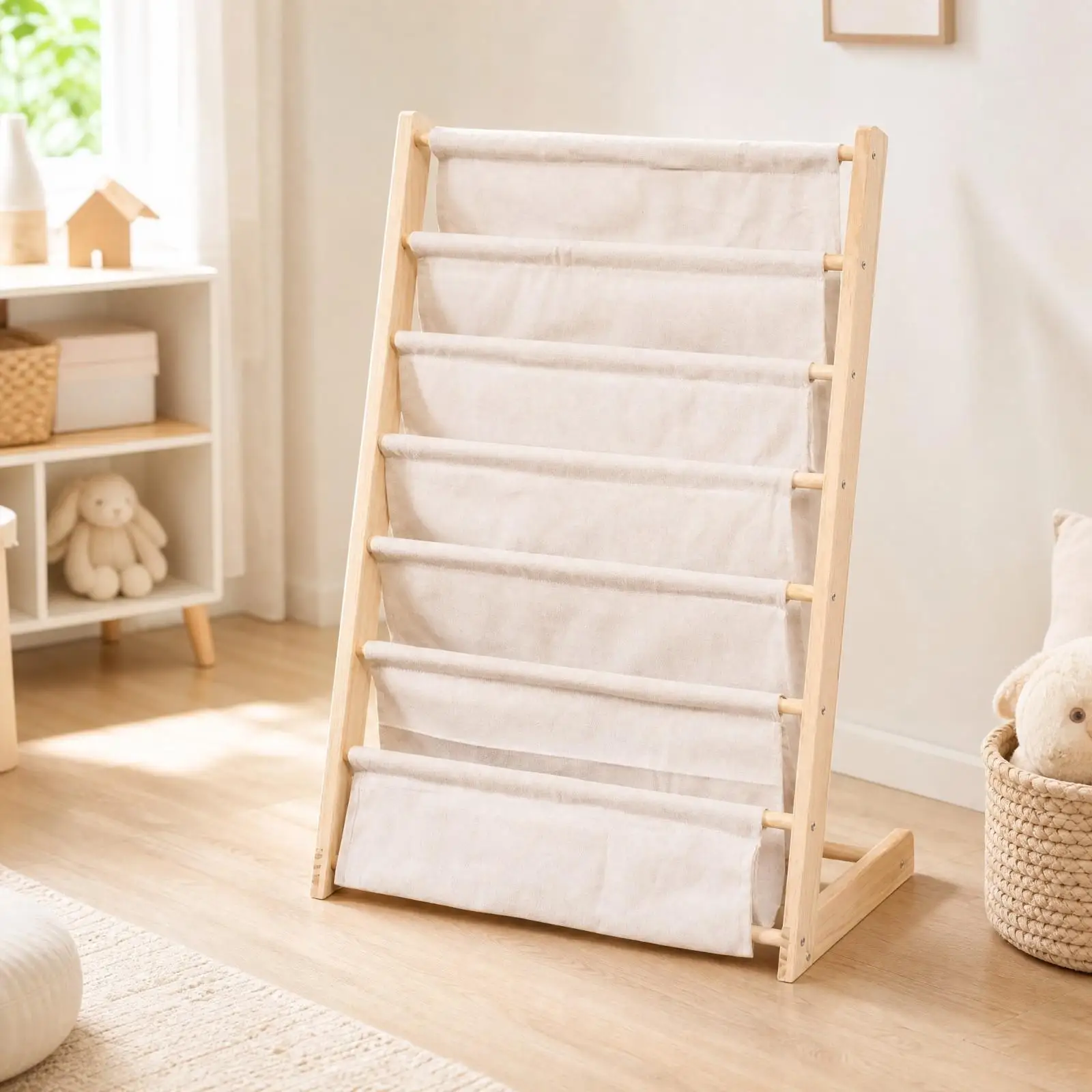 Solid Wood Book Rack with Cloth Pockets Freestanding Slanted Front Book Display Rack Floor Standing Bookshelf Stable - view 6