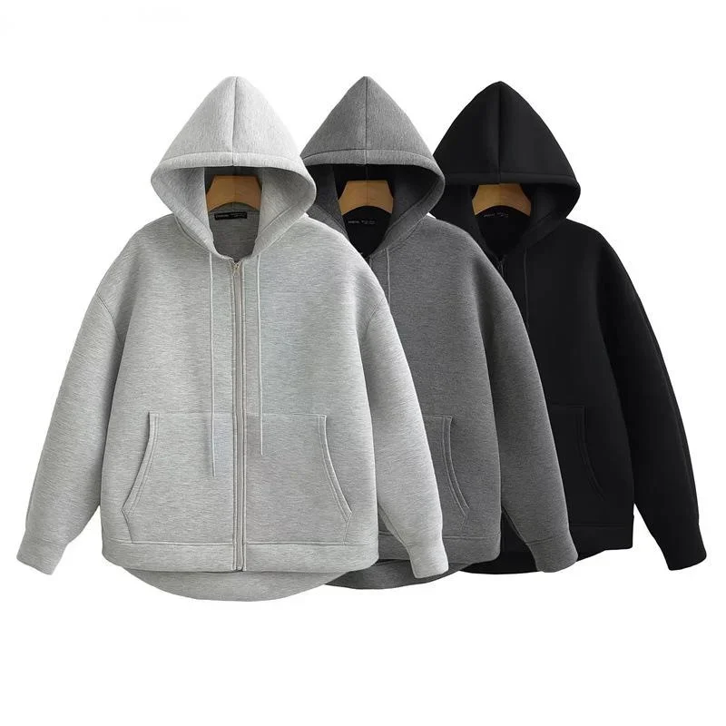 Trendy Hoodie Women's Sportswear Autumn/Winter Black Fashionable Casual Zipper Coat Loose Pocket Chic Hoodie Warm Basic Hoodie