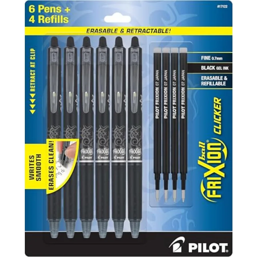 

PILOT Frixion Erasable Pens, Fine Point 0.7mm Pack of 6 Black Retractable Ink Pens + 4 Bonus Refills