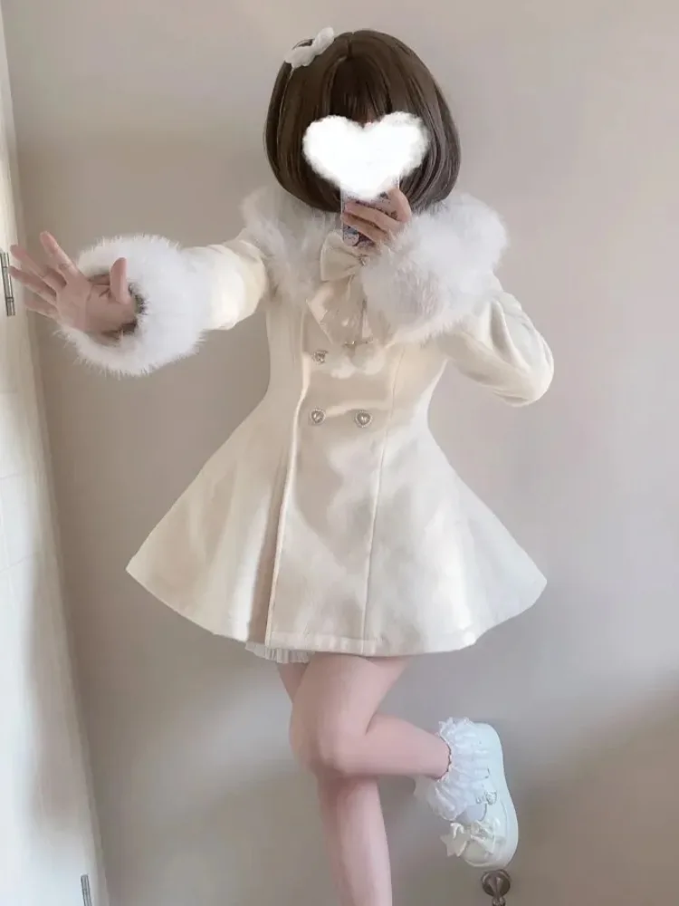 Y2k Aesthetic Fur Patchwork Women Lolita Coats Double-breasted Bow Sweet elegant Jacket Jk Japanese Slim Fit chic Fairy Jackets