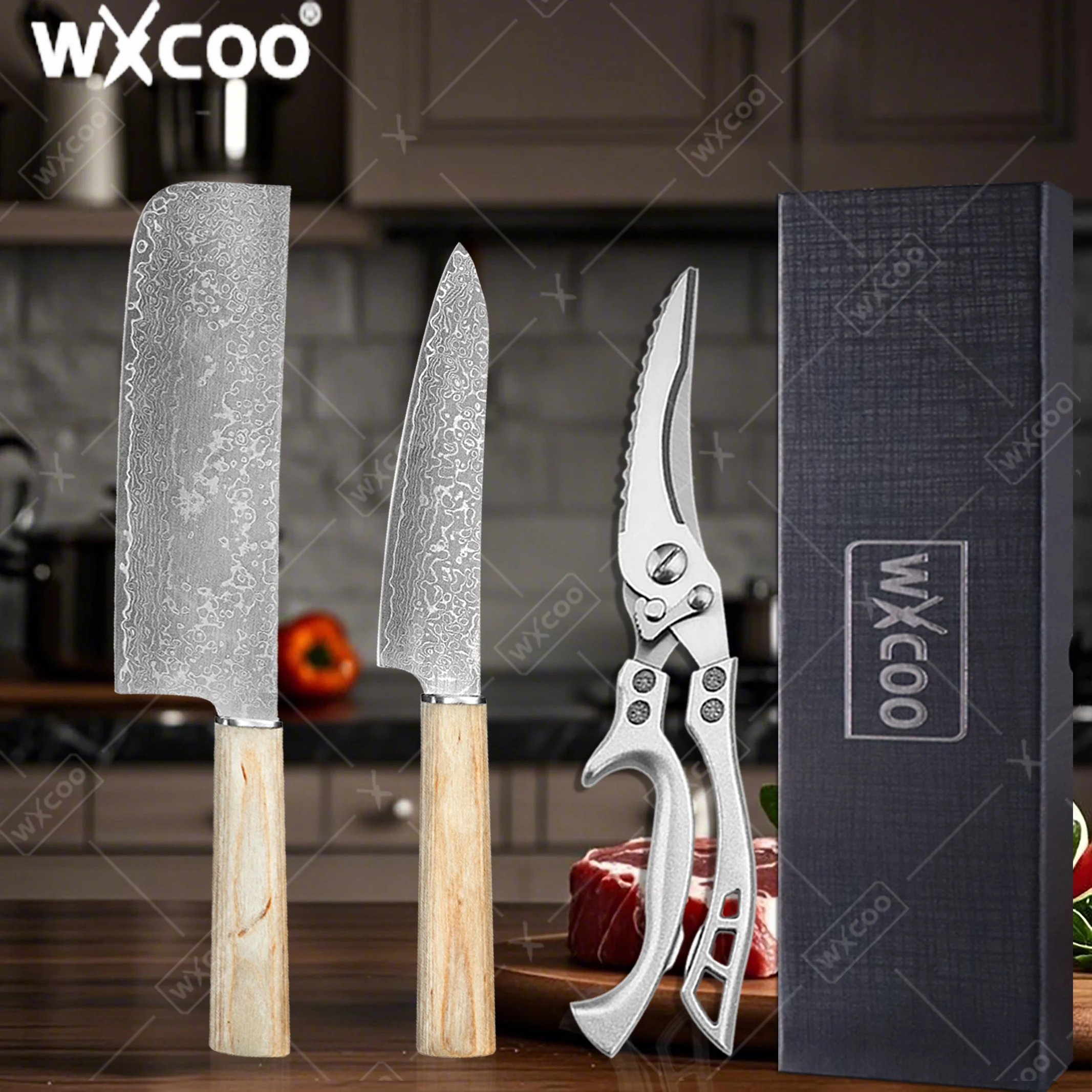 

WXCOO Damascus Steel Chef Chopping Knife 67 Layer Professional Kitchen Knives Japanese Vegetables Fruit Knife Cooking Tools