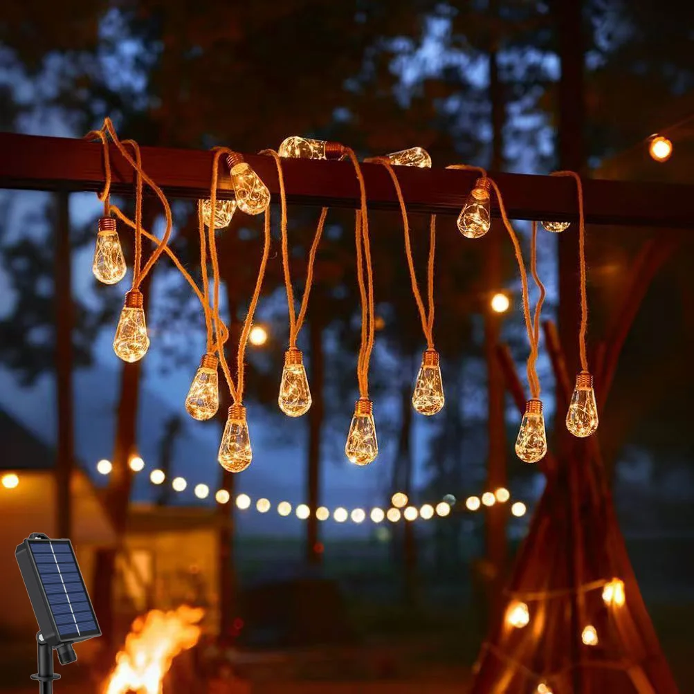 Solar Outdoor Fairy String Lights Hemp Rope 8 Modes Shatterproof Bulbs Waterproof Sun Lamp Patio Yard Party Wedding Garden Decor