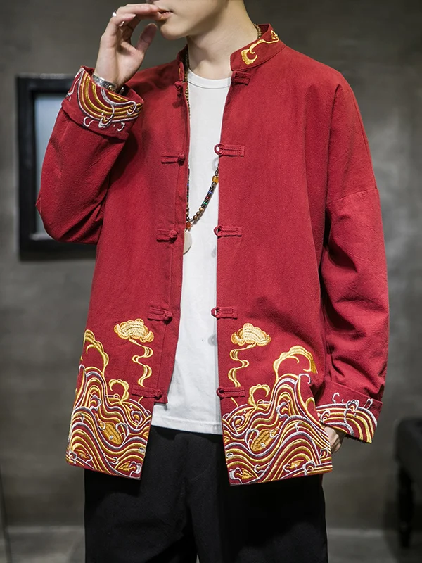 

Красная мужская куртка в китайском стиле, свадебный костюм, верхняя одежда Ханьфу, с длинными рукавами, воротником-стойкой, вышивкой, для молодежи, весенне-осенняя одежда