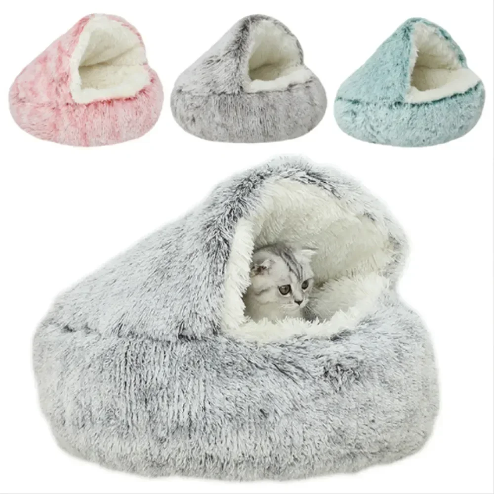 

Anti-anxiety Puppy Hooded Cozy Soothing Round Calm Pet Indoor Beds Plush Cat Bed For Cats Cave Doughnut Fluffy Semi-closed