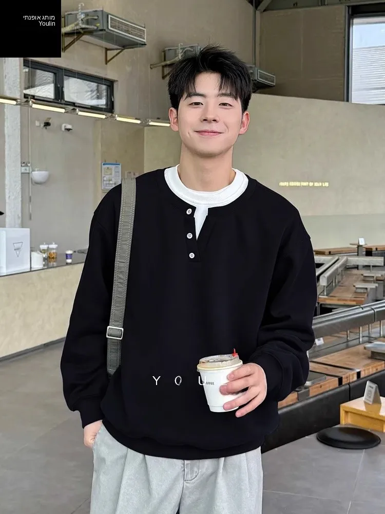 Black Henry Collar Long Sleeve Sweatshirt Men's Spring High-End Feeling Inner Wear Base Shirt Korean Style Top Quality T-shirt