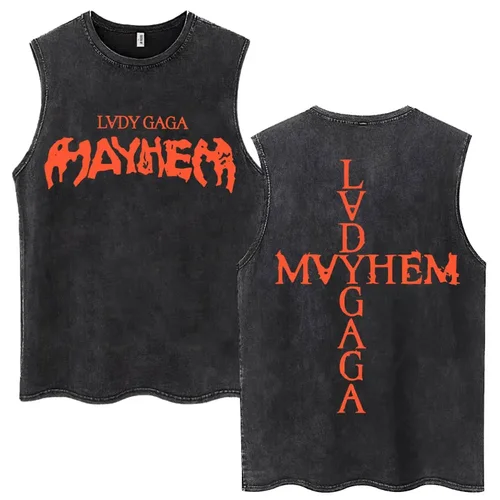 Lady Gaga The Mayhem Ball Tour 2025 camisetas sin mangas de lavado moda hombres mujeres camiseta sin mangas de alta calidad camiseta Casual de algodón suelta