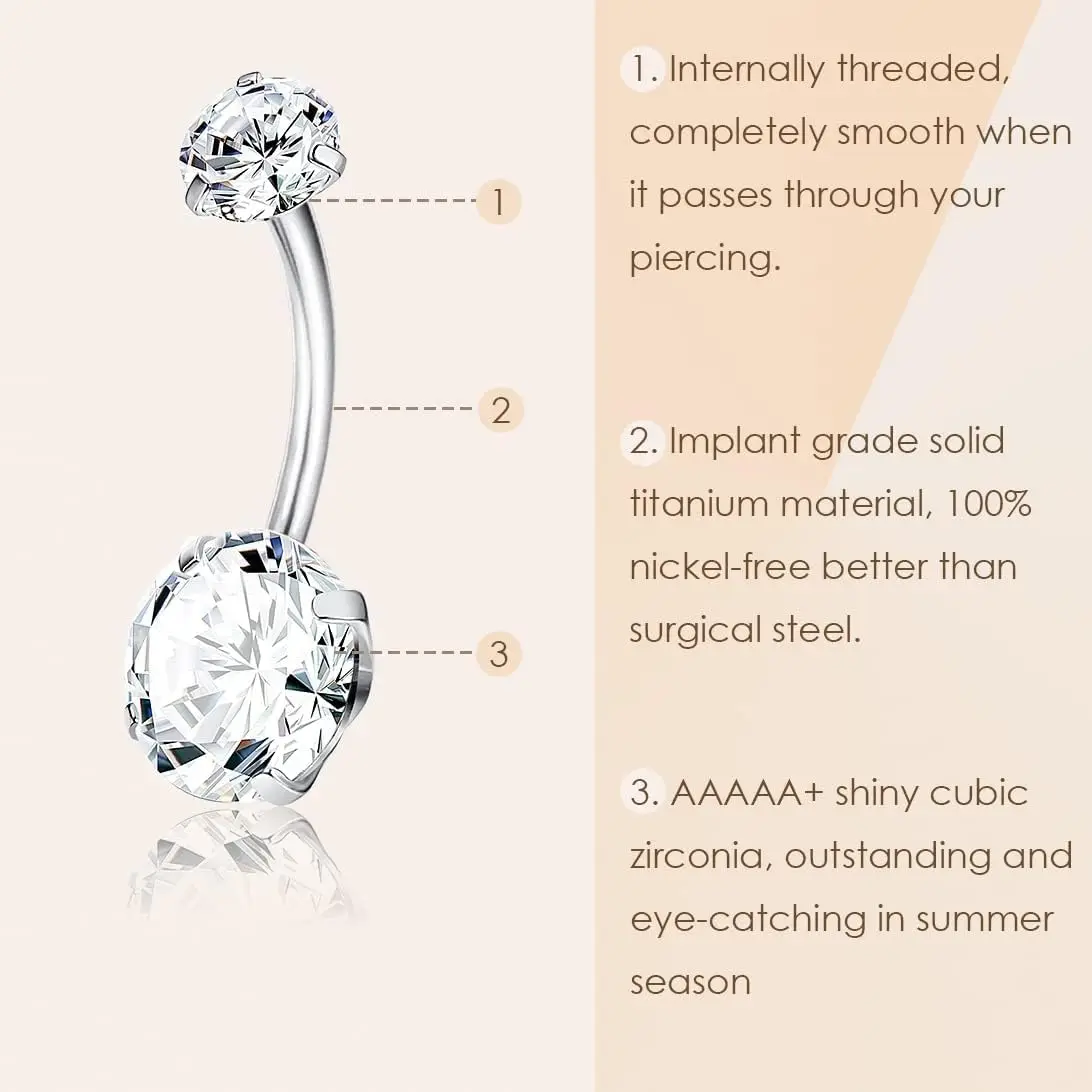 CASSIECA 1Pc 14G G23 Titanium Belly Button Ring Internally Threaded Implant Grade Hypoallergenic Body Piercing Jewelry for Women