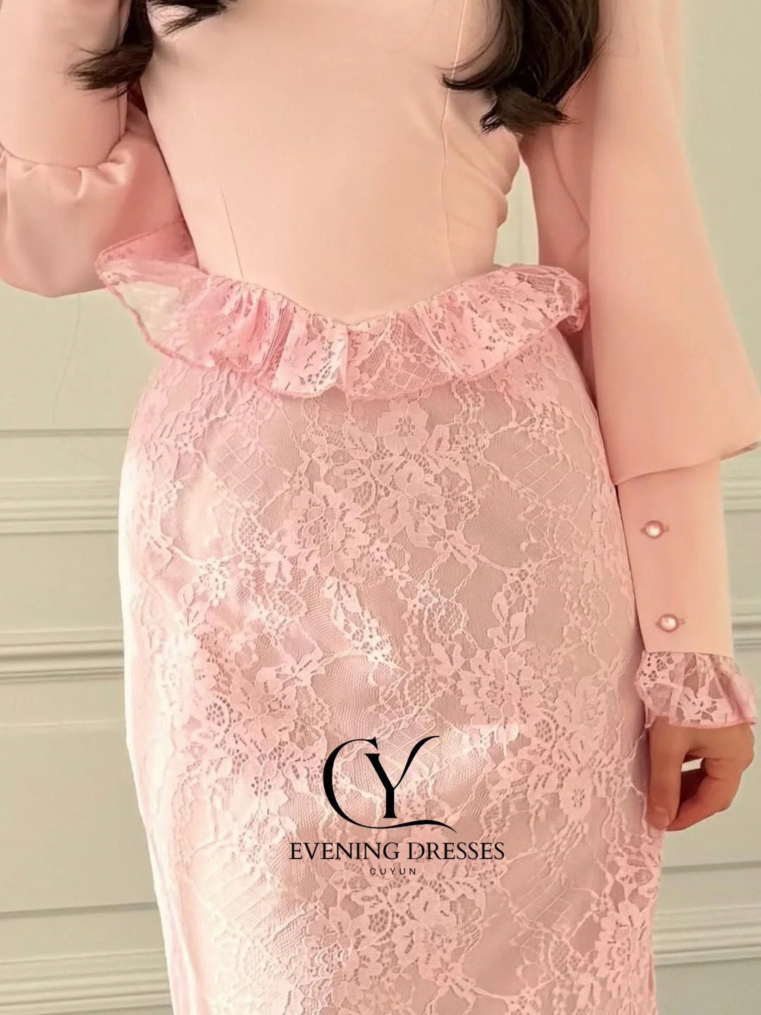 CUYUN Pink High Collar Long Sleeves Evening Gown Lace Patchwork Elegant Formal Event Dresses Customized Wedding Guest Party Gown