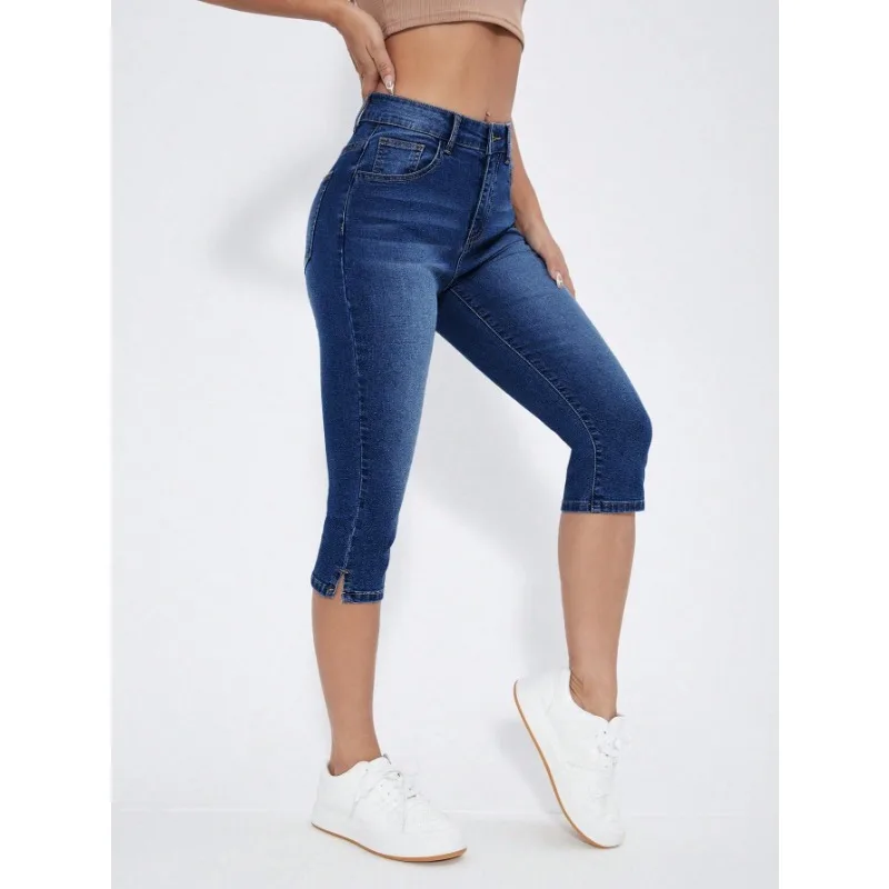 2026 Summer New Vintage Dark Wash Capri Jeans High Stretch Slim Side Split Hem High Waist American Daily Casual Pants