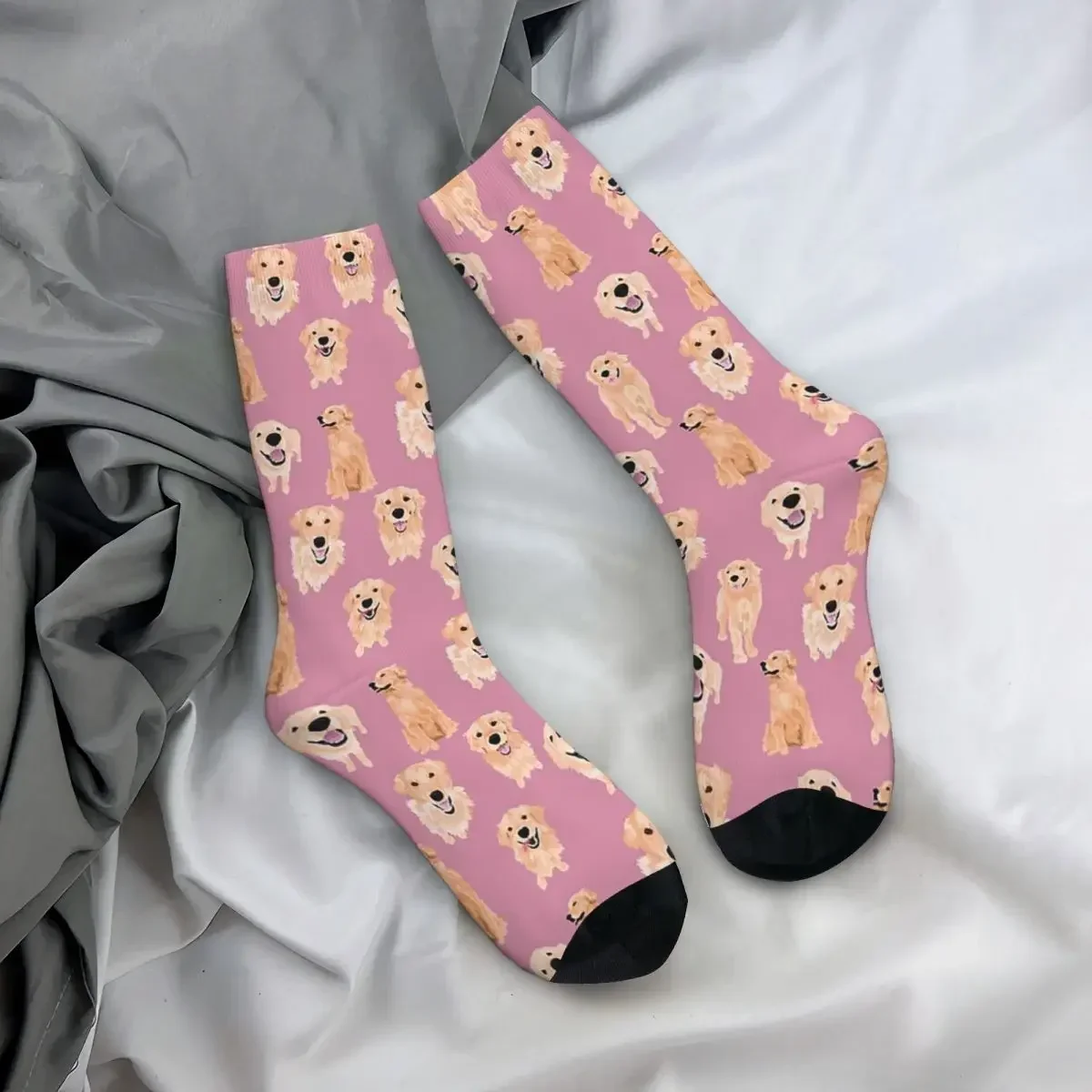 Golden Retrievers On Pink Socks Harajuku Super Soft Stockings All Season Long Socks Accessories for Unisex Gifts