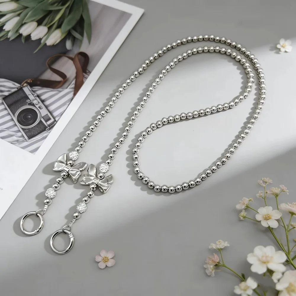 Ins Silver Beaded Ball Bow Phone Chain, Universal Card Bag, Crossbody & Shoulder Bag for Women