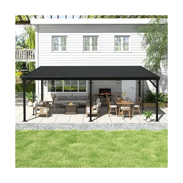 12x20 FT Wall-Mounted Hardtop Pergola with Angled Waterproof Roof • Heavy-Duty Iron Frame • Adjustable Telescopic Supports • UV-