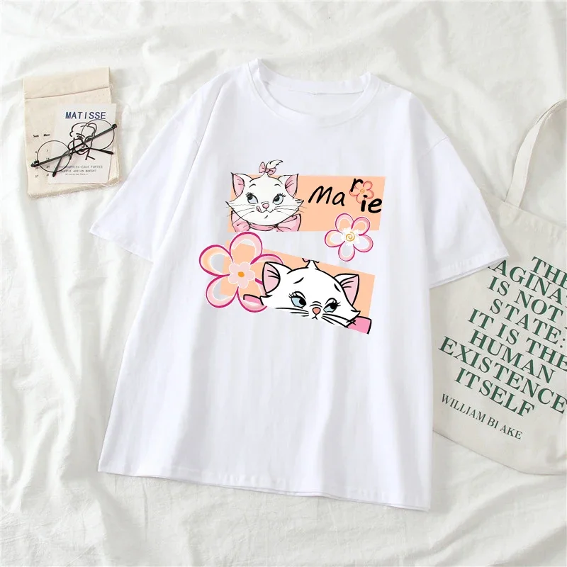 Kawaii marie gato camiseta feminina menina engraçado bonito dos desenhos animados camisetas impressão casual manga curta verão mulher t camisa harajuku topos