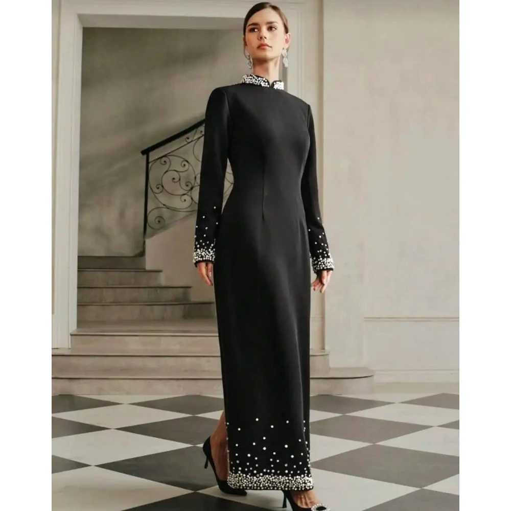 Preto modesto vestido de noite alta pescoço manga longa beadings vestido de festa de luxo fenda volta tornozelo comprimento vestido de baile personalizado