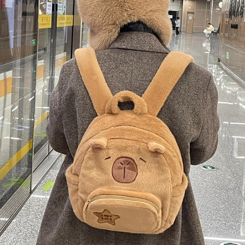 Teens Girl Cartoon Capybara School Bag Plush Backpack with Spacious Compartments