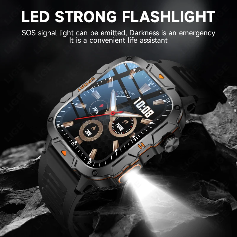 LIGE New Smart Watch Men Military Quality Heart Rate Monitor Voice Assistant Watches LED Flashlight Bluetooth Calling Smartwatch