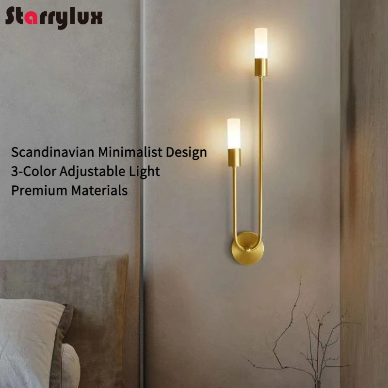 

Nordic Double Wall Lamp, Modern LED Sconce for BedroomLiving Room, 3-Color Dimmable, Acrylic Shade, Iron Body, CopperBlack