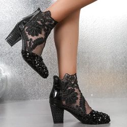 New Sequins Embroidery High Heel Shoes Summer Women's Boots Fashion Ladies Brand Design Lace Mesh Women's Ankle Boots