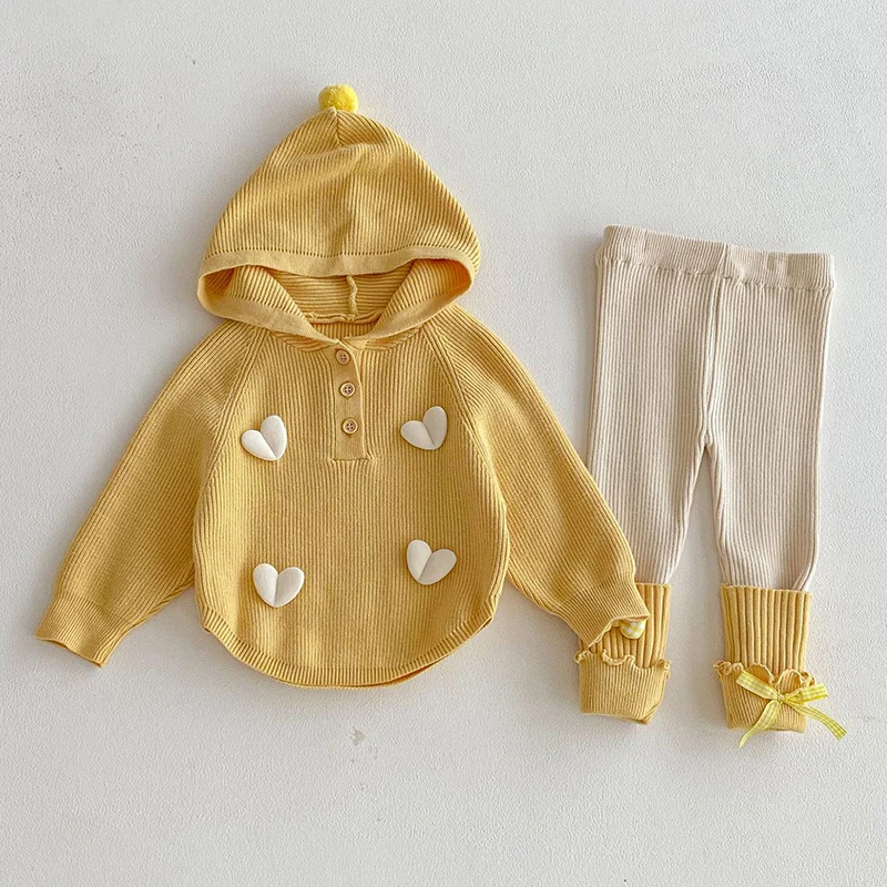 2026 New Spring Newborn Baby Girls Clothing Set Long Sleeved Hooded Knitted Pullover Sweater+Pants Children Clothes Suit